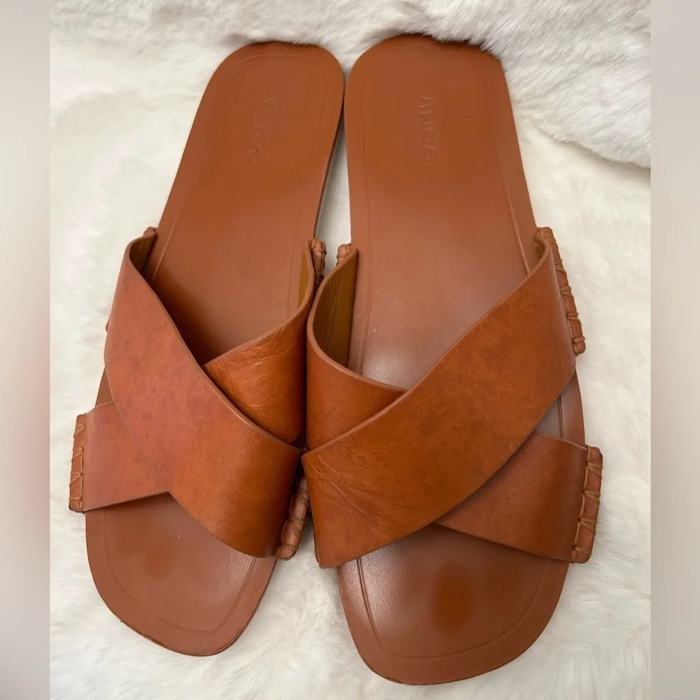 Vince Nico Tan leather‎ slide sandals with Criss-Cross Straps Sz-8.5M. O